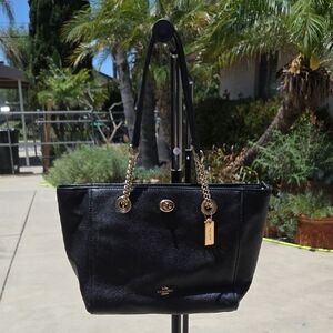 Coach Turnlock Chain Tote Black Pebbled Leather with Gold Hardware 56830